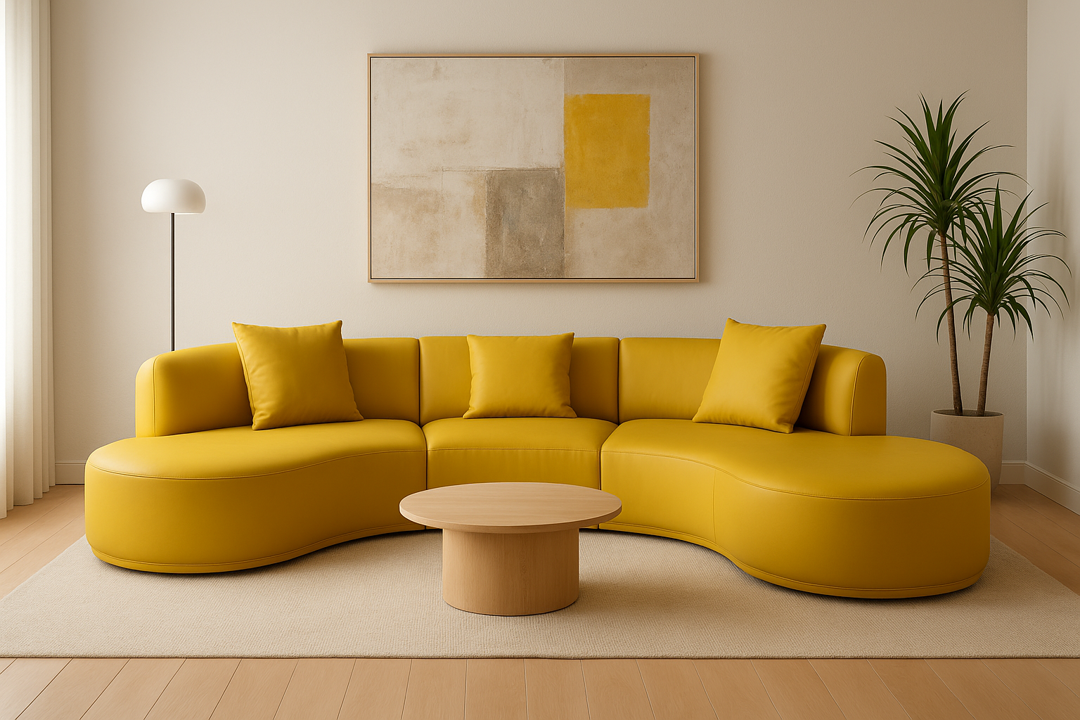 Sofá curvo em pele natural — detalhe de costura e raio