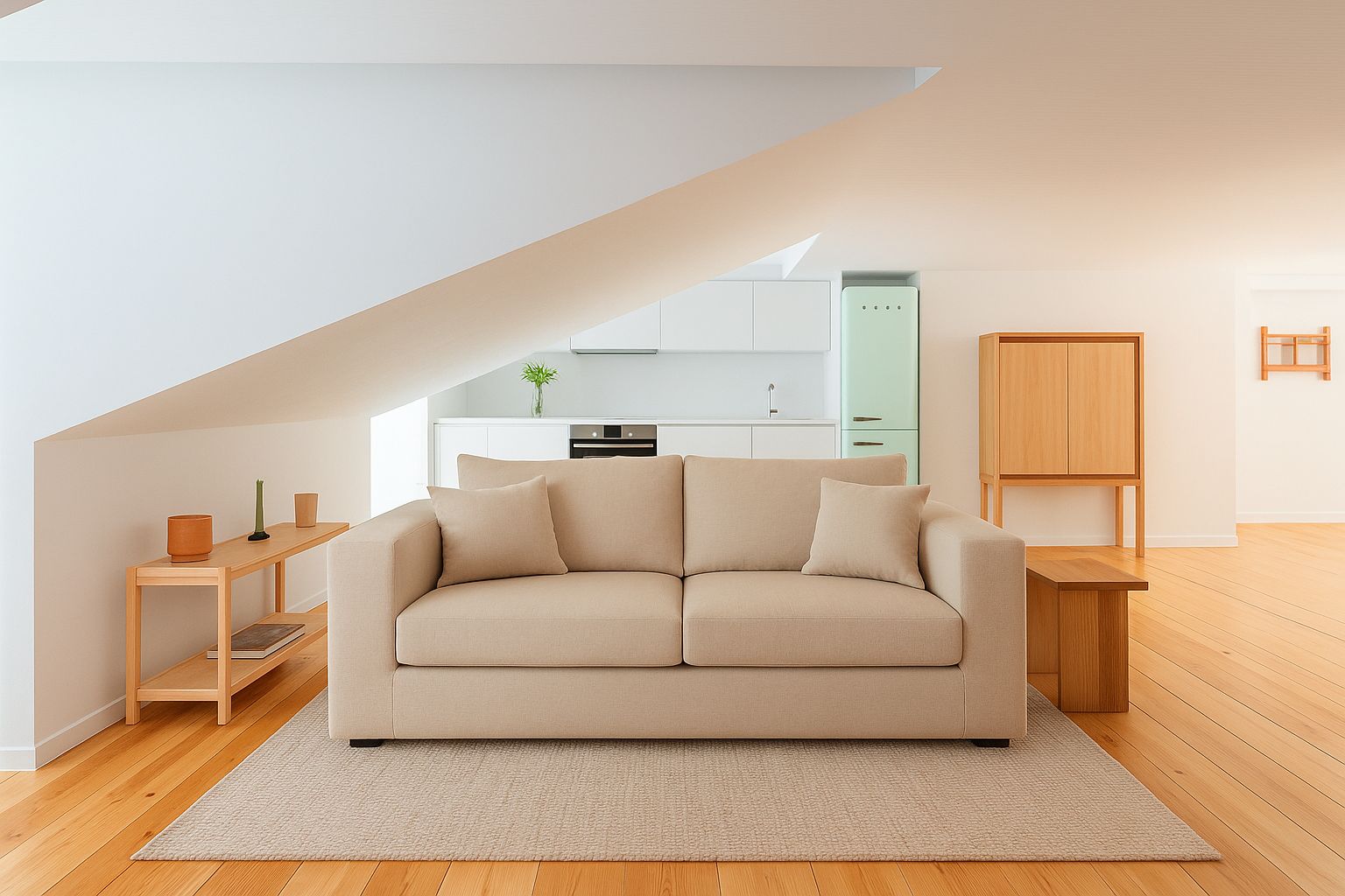 T1 personalizado em Lisboa — sala com sofá e marcenaria